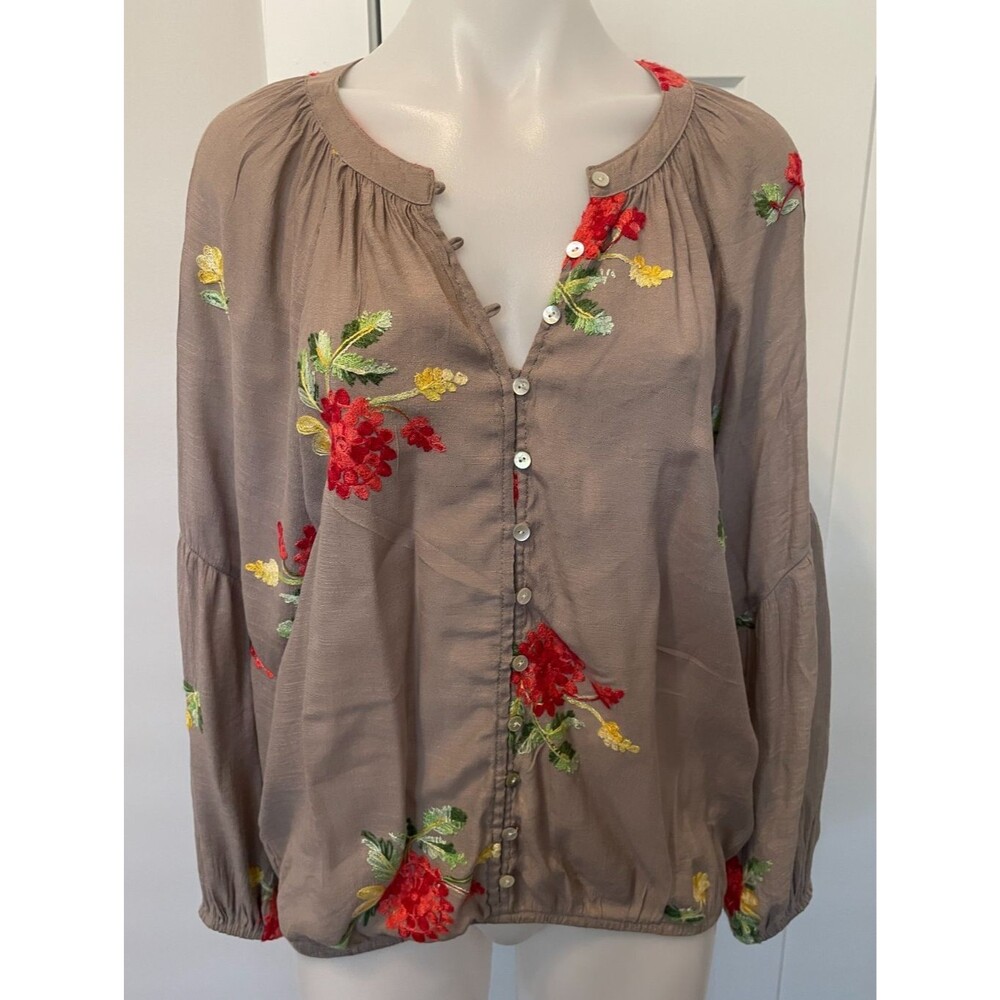 FIG &  FLOWER Womens TOP Boho Long Sleeve TAUPE Orange Green FLORAL Size L